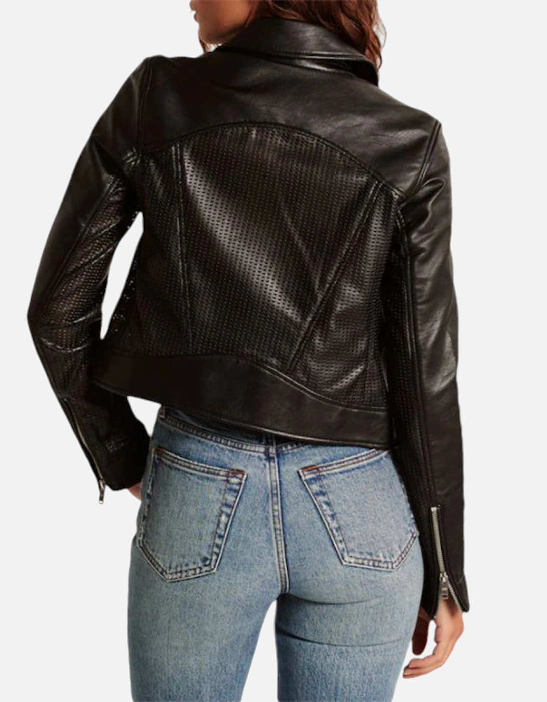Womens Leather Biker Jacket Vegan Perforated Moto A&F Black