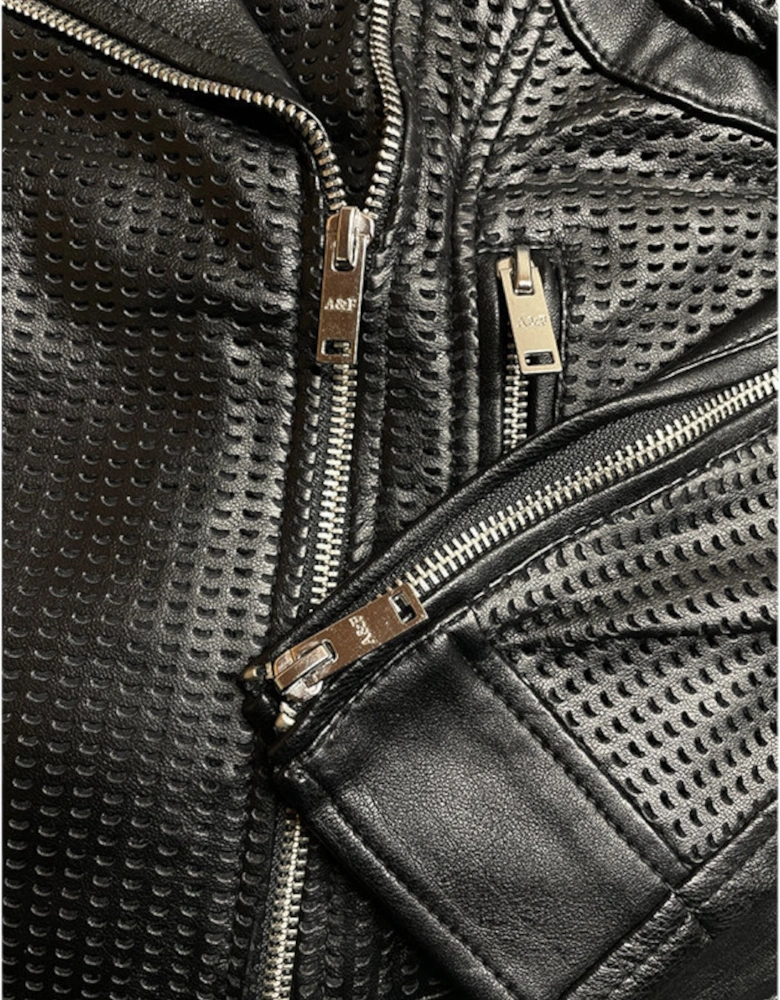 Womens Leather Biker Jacket Vegan Perforated Moto A&F Black