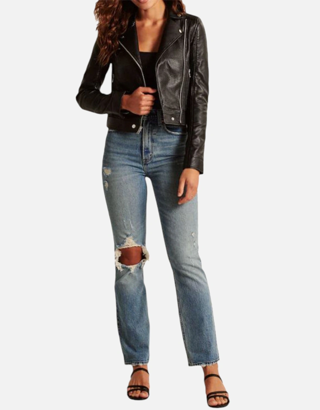 Womens Leather Biker Jacket Vegan Perforated Moto A&F Black