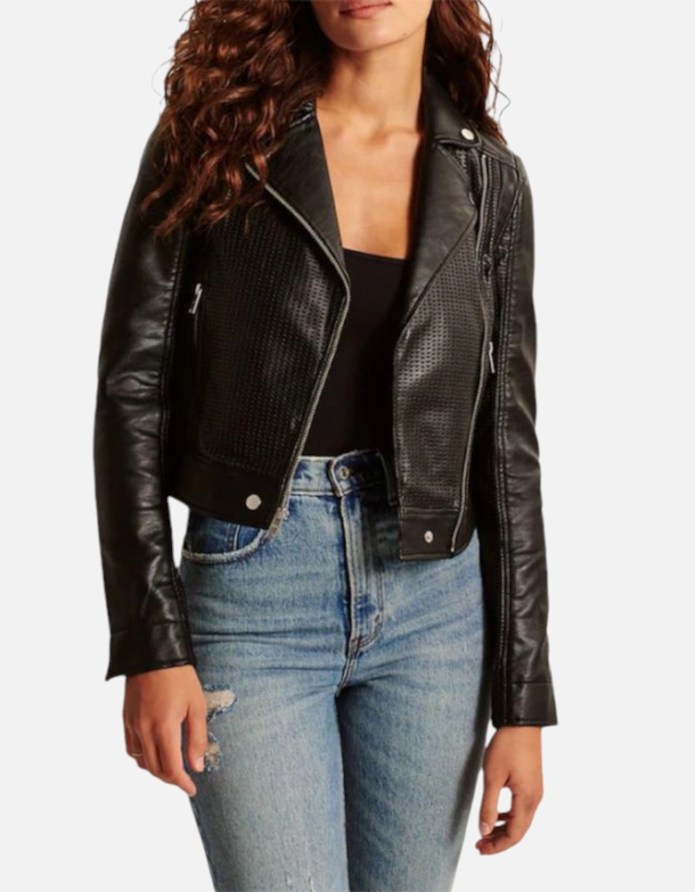 Womens Leather Biker Jacket Vegan Perforated Moto A&F Black