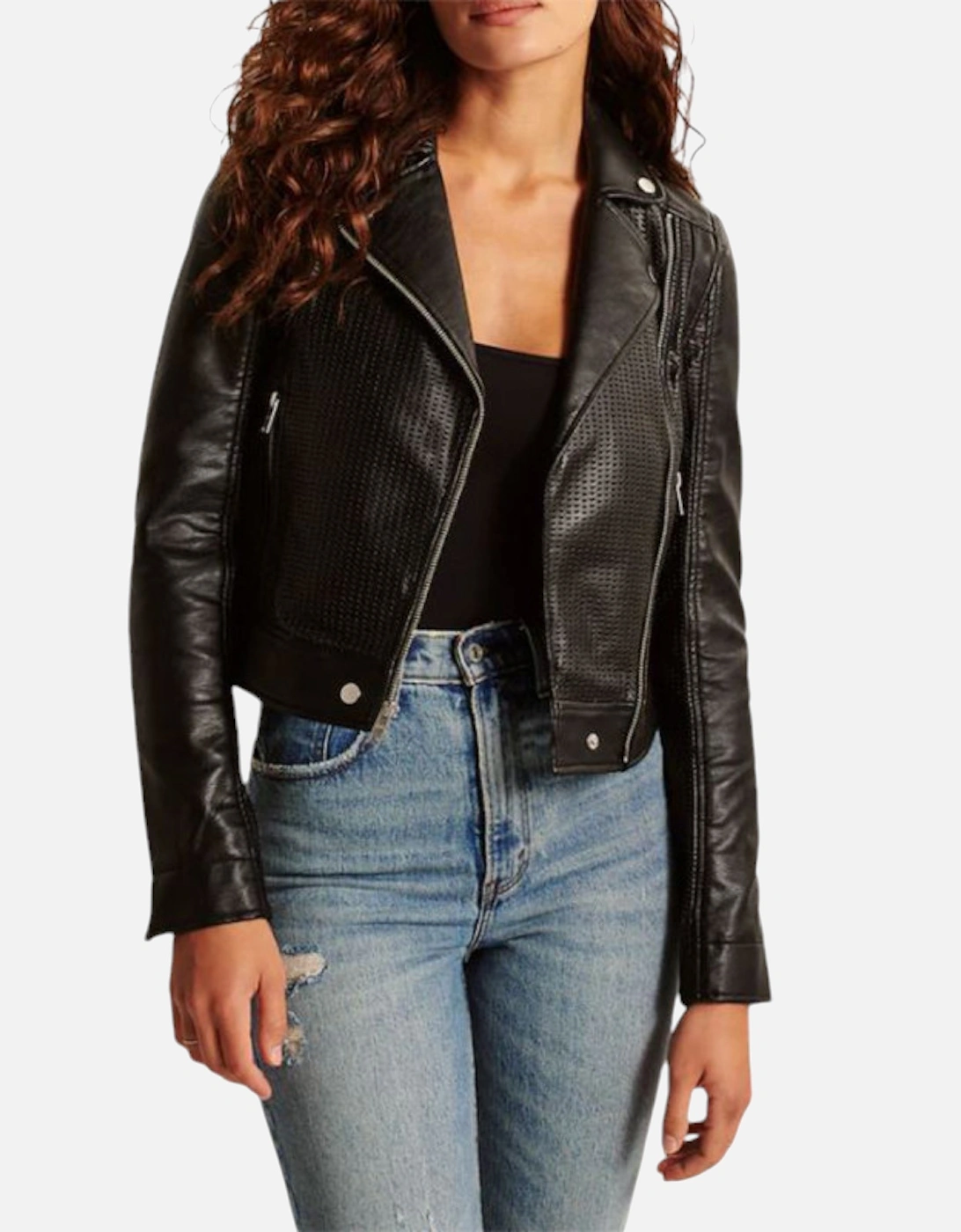 Womens Leather Biker Jacket Vegan Perforated Moto A&F Black