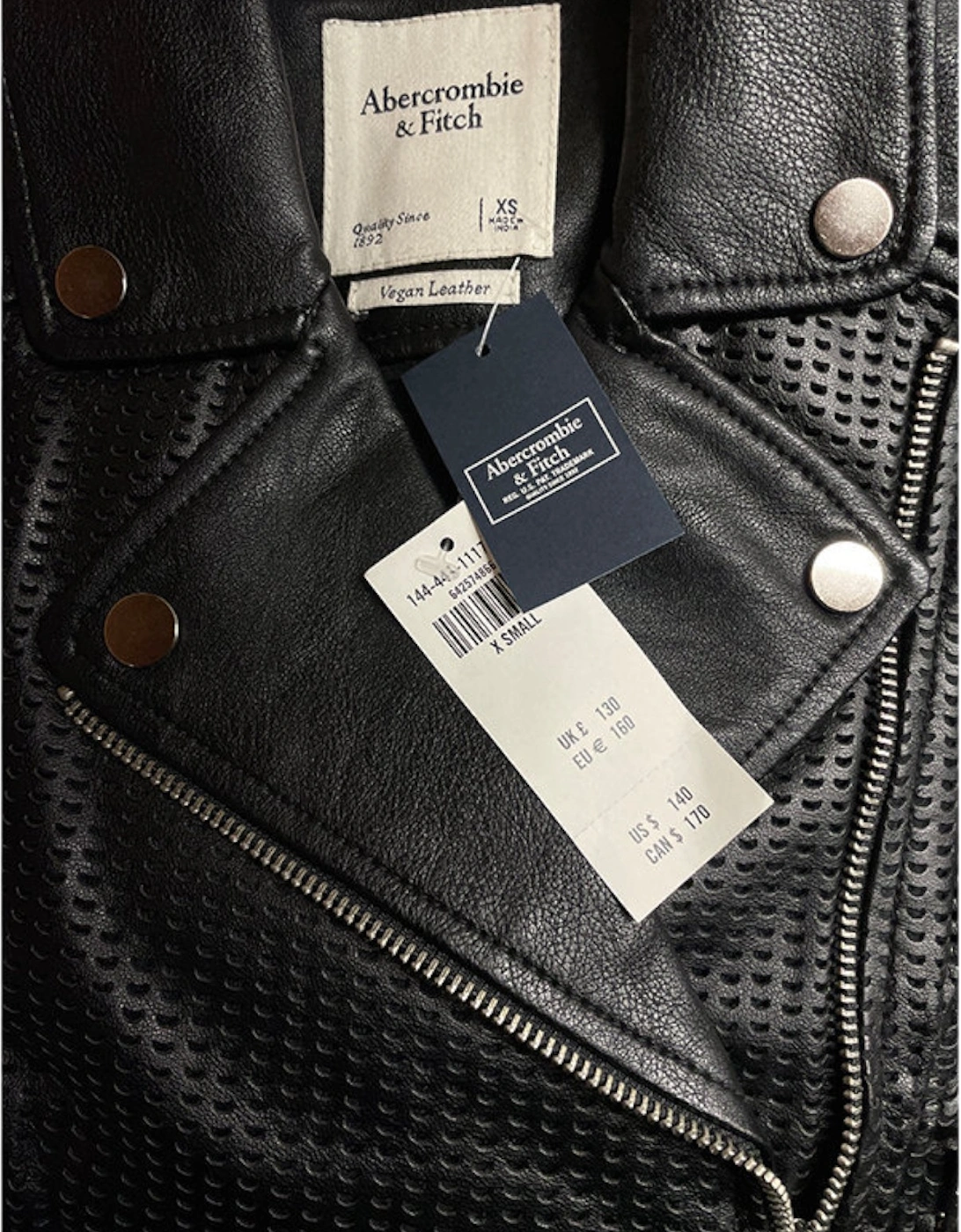 Womens Leather Biker Jacket Vegan Perforated Moto A&F Black