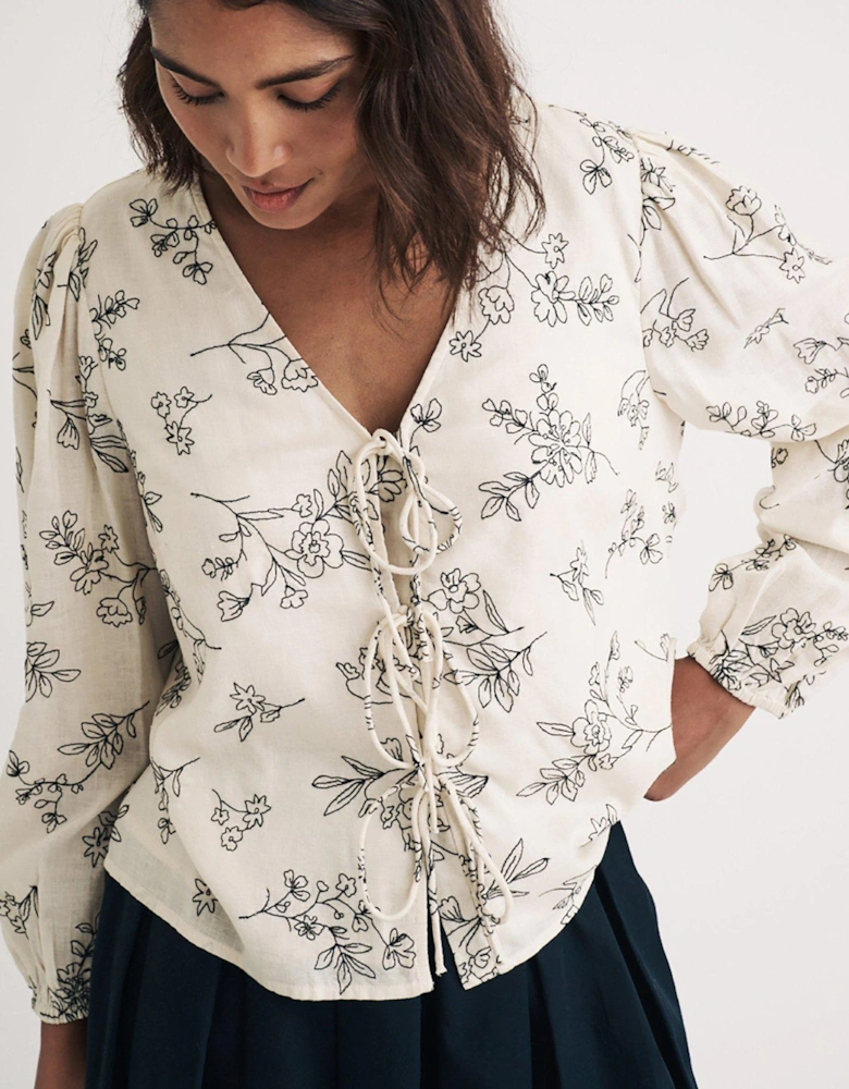 Printed Tie Detail Long Sleeve Blouse - White - Multi