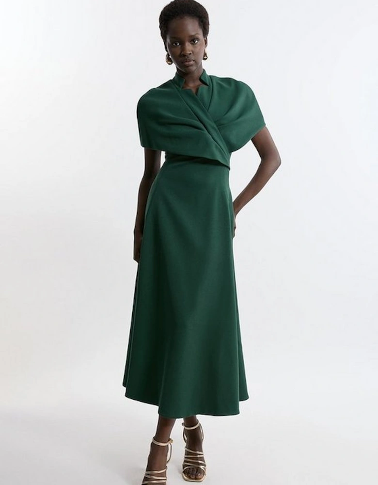 Structured Crepe Cape Detail Full Skirted Tailored Midi Dress