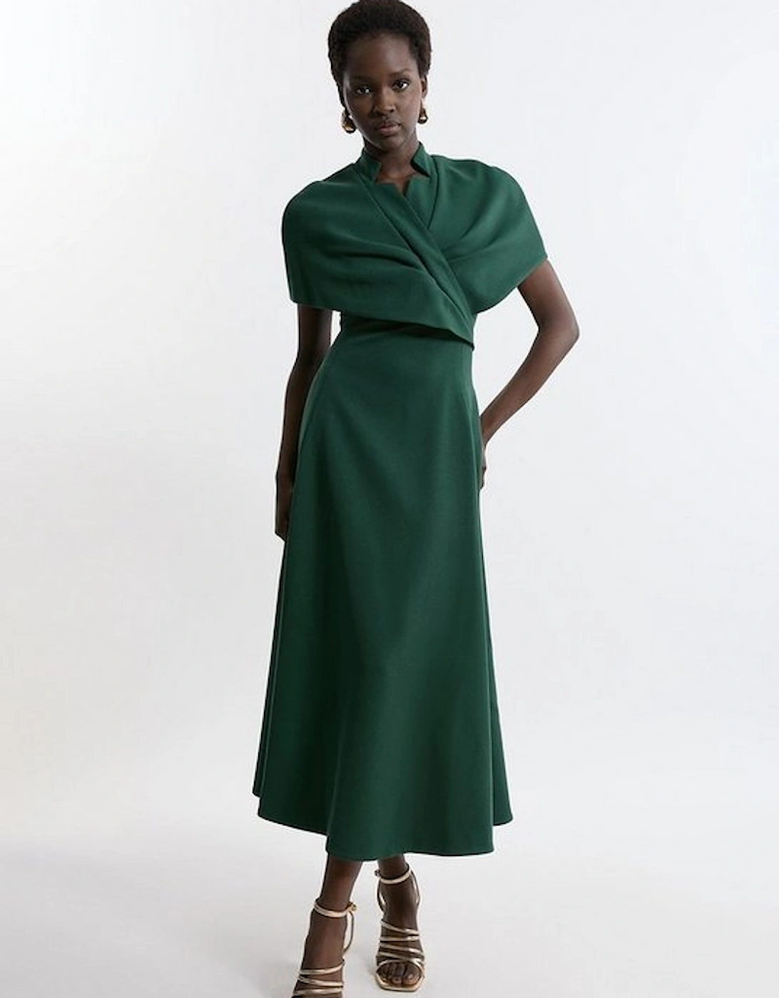 Structured Crepe Cape Detail Full Skirted Tailored Midi Dress, 4 of 3