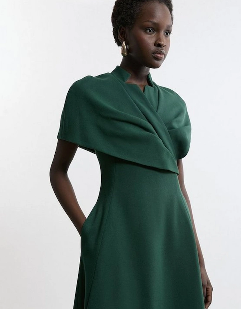 Structured Crepe Cape Detail Full Skirted Tailored Midi Dress