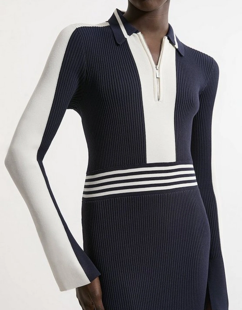 Rib Knit Polo Zip Up Midi Dress