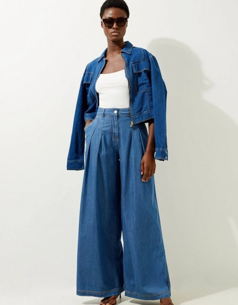 Tailored Chambray Denim Straight Leg Pleated Trousers