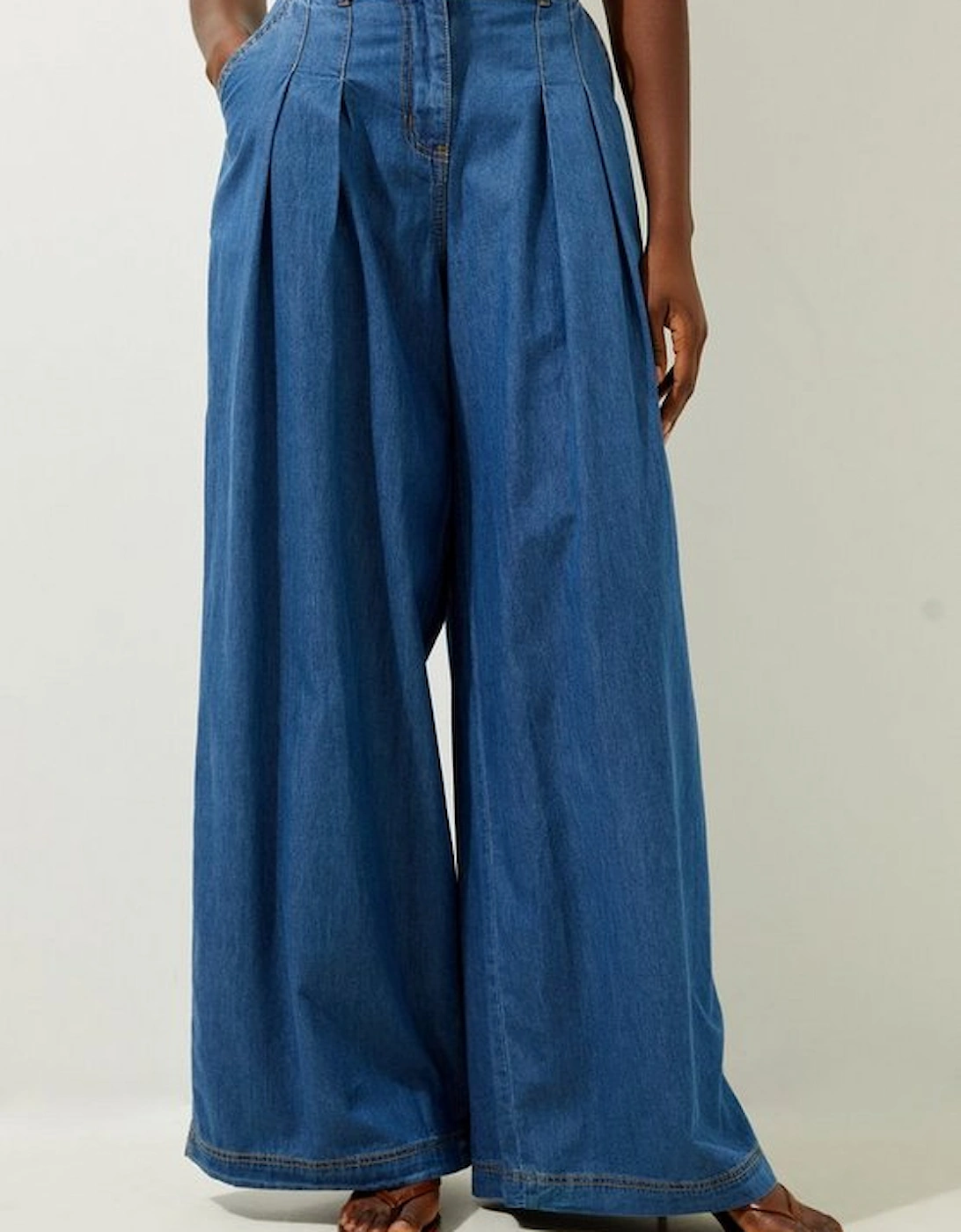 Tailored Chambray Denim Straight Leg Pleated Trousers