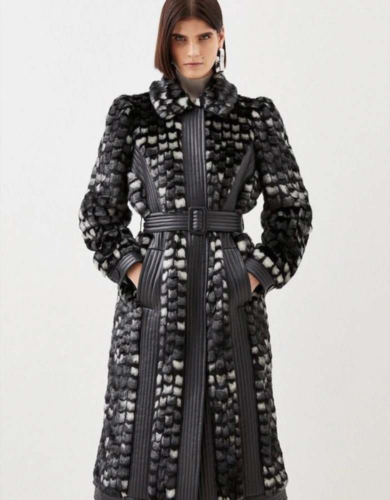 Faux Fur Pu Panelled Abstract Belted Coat