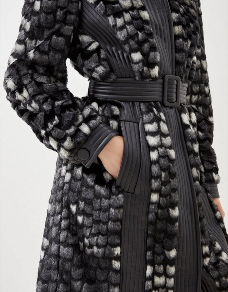 Faux Fur Pu Panelled Abstract Belted Coat