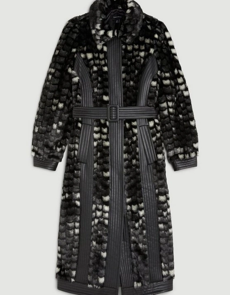 Faux Fur Pu Panelled Abstract Belted Coat