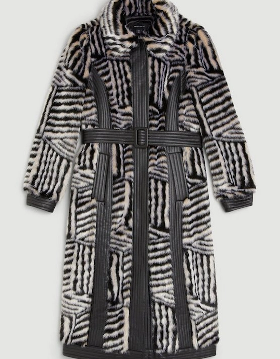 Faux Fur Pu Panelled Stripe Belted Coat