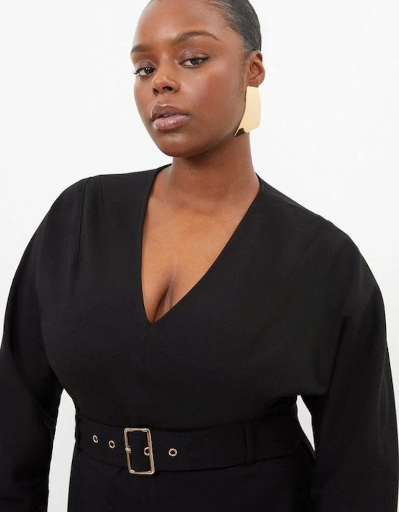 Plus Size V Neck Belted Ponte Jersey Mini Dress