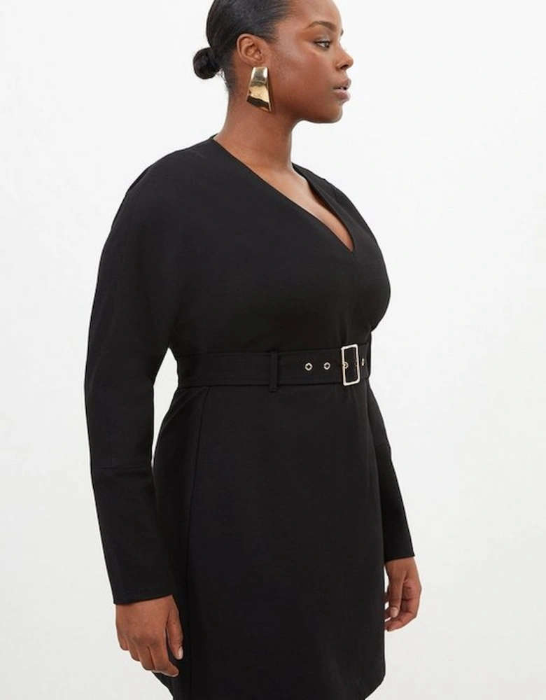 Plus Size V Neck Belted Ponte Jersey Mini Dress