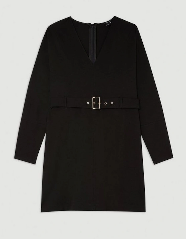 Plus Size V Neck Belted Ponte Jersey Mini Dress