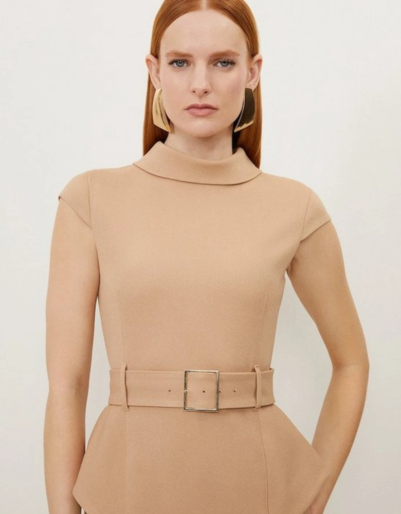 Petite Structured Crepe Roll Neck Peplum Belted Midi Dress