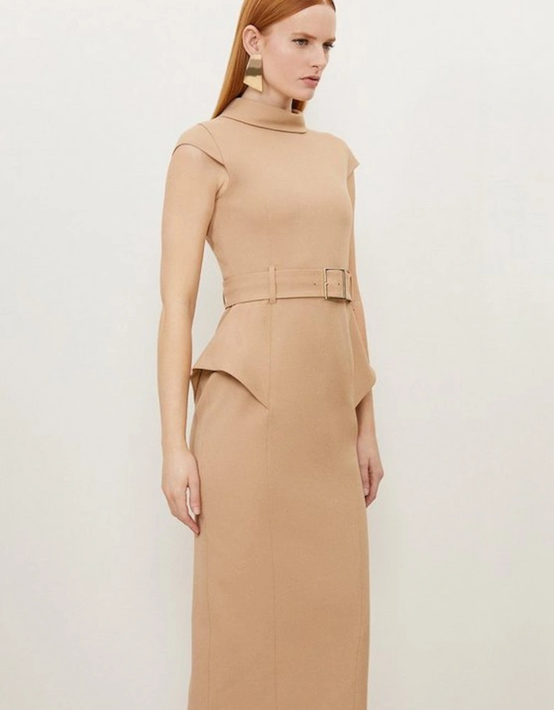 Petite Structured Crepe Roll Neck Peplum Belted Midi Dress