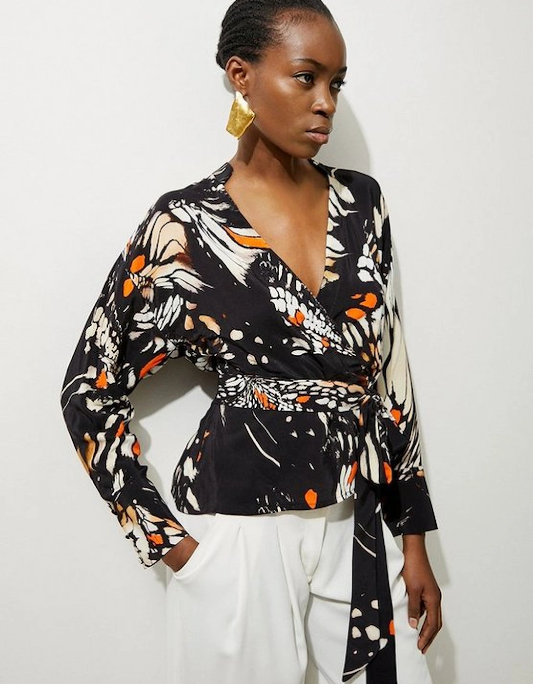 Butterfly Printed Viscose Crepe Twist Front Blouse