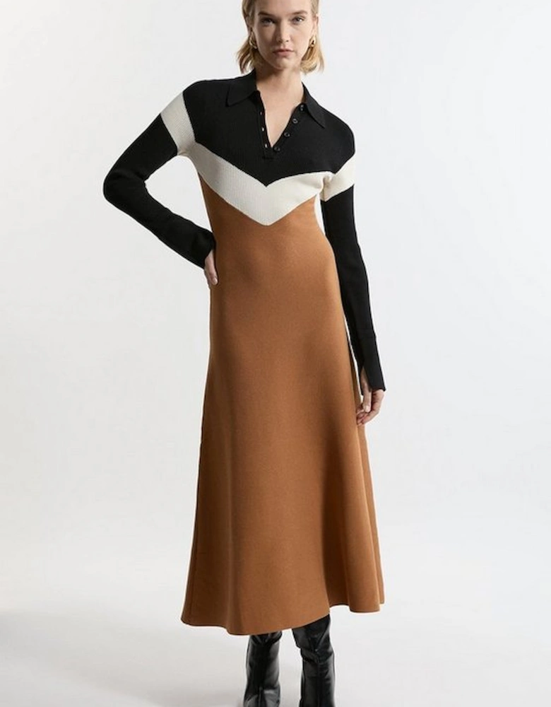 Viscose Blend Rib Knit Polo Top Maxi Dress