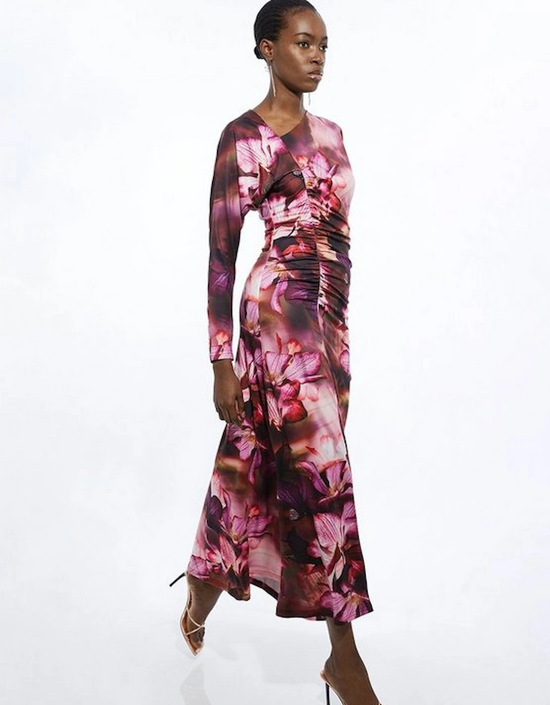 Photographic Floral Printed Asymmetric Jersey Crepe Maxi Dress