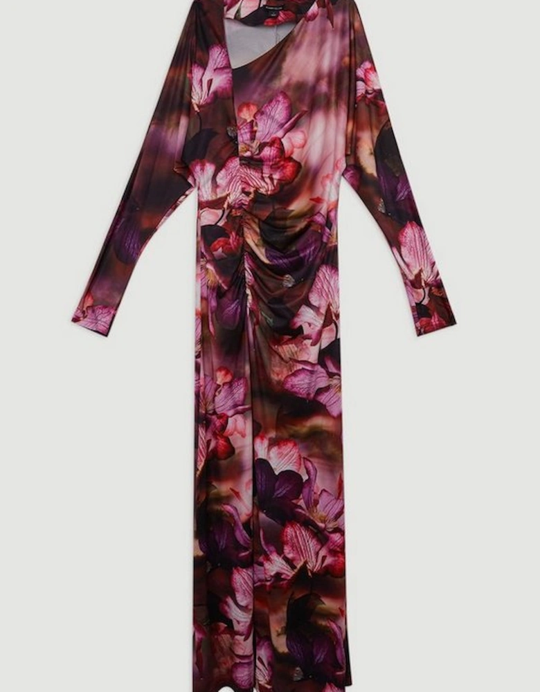 Photographic Floral Printed Asymmetric Jersey Crepe Maxi Dress