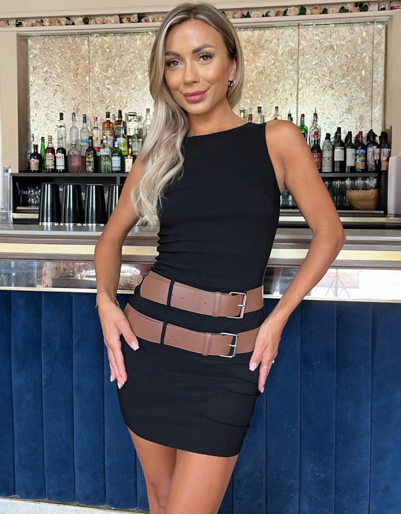 Stretch Cotton Sleeveless Double Belt Bodycon Mini Dress - Black