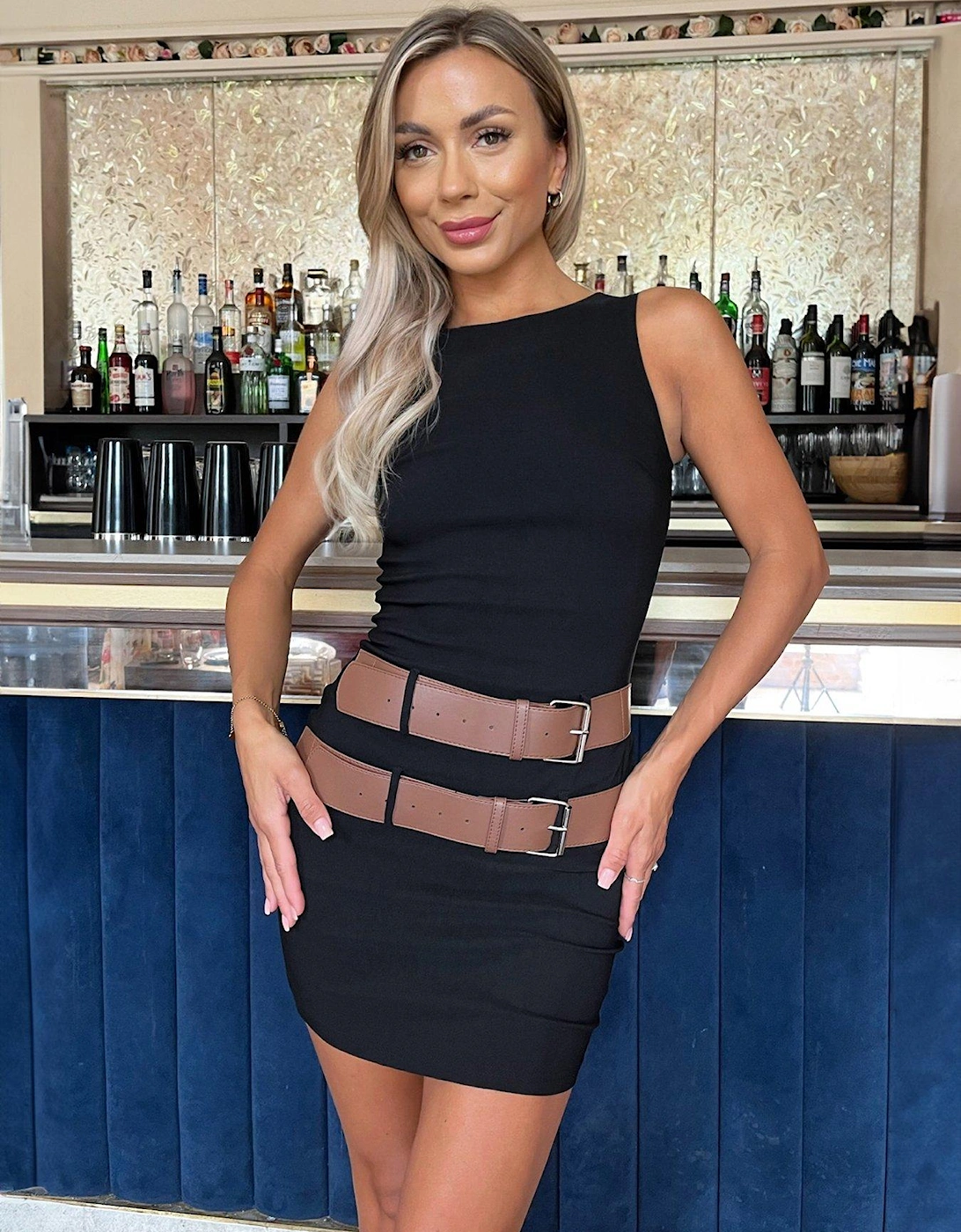 Stretch Cotton Sleeveless Double Belt Bodycon Mini Dress - Black