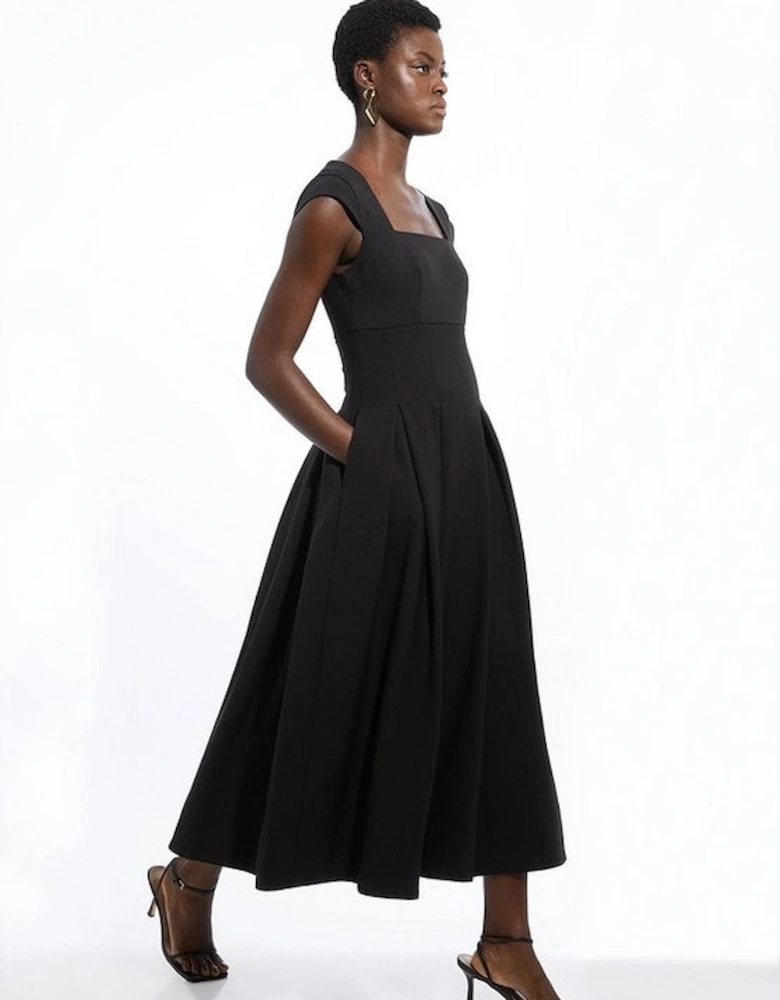 Clean Tailored Square Neck Full Skirted Midi Dress