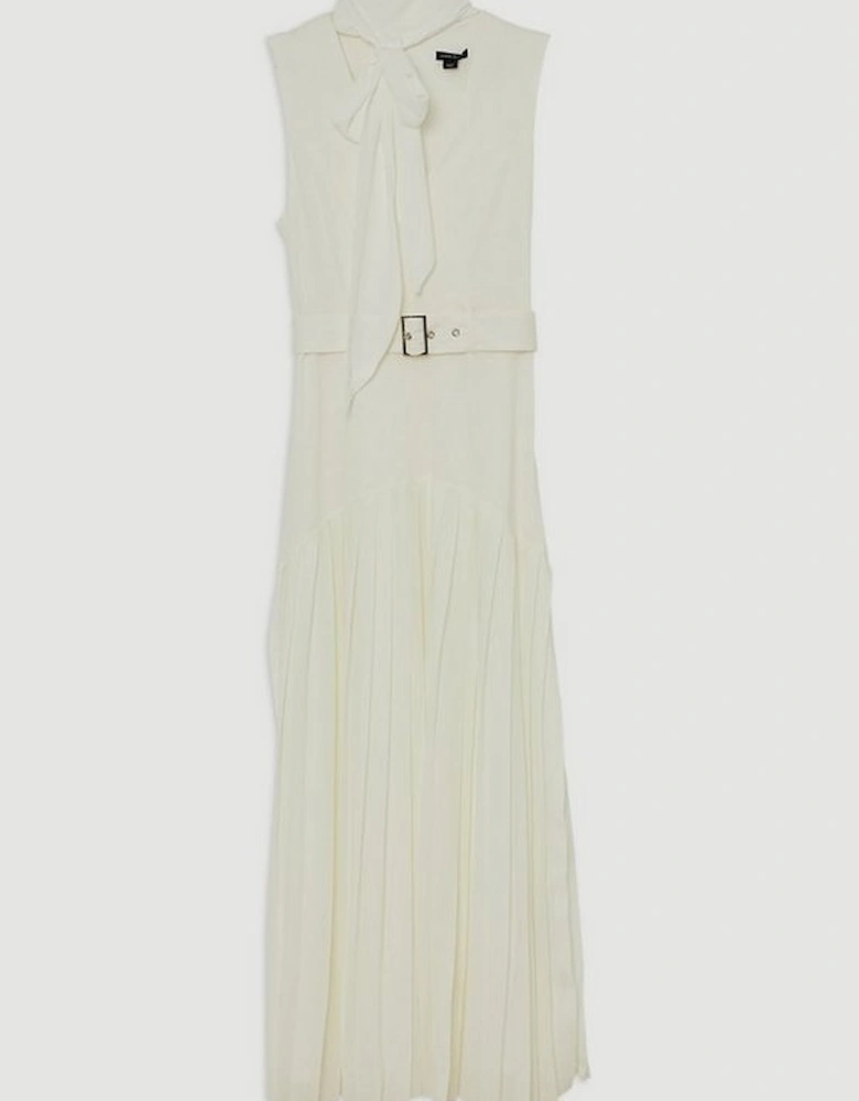 Tie Neck Ponte And Georgette Jersey Pleated Maxi Dress