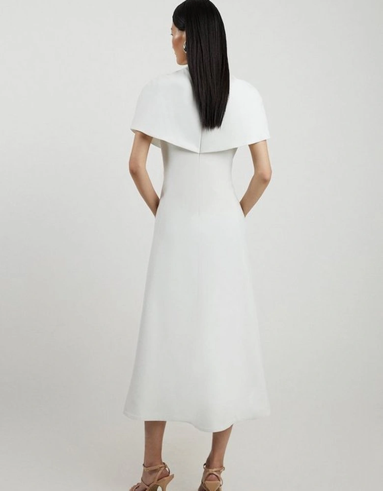 Petite Structured Crepe Cape Detail Full Skirted Tailored Midi Dress