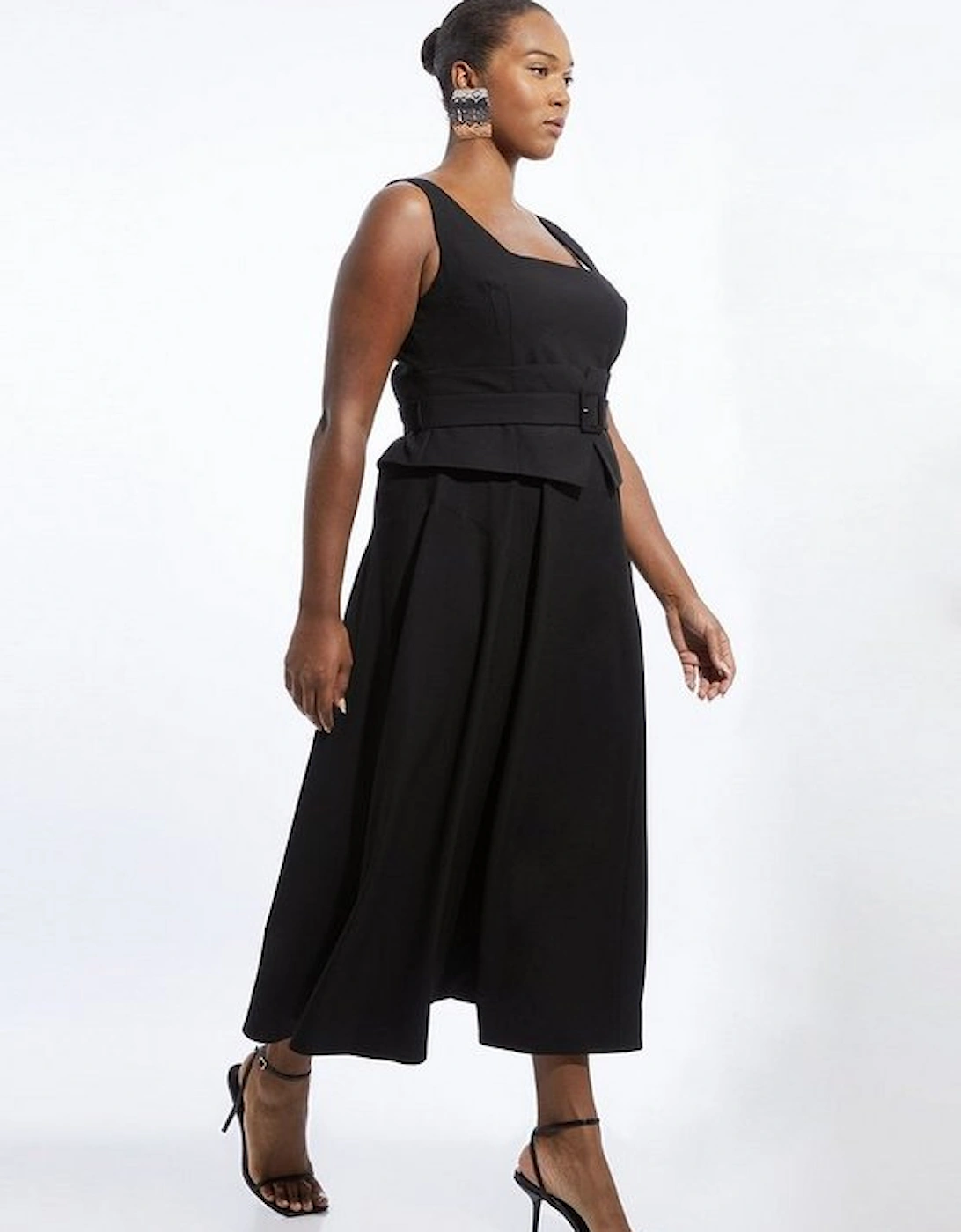 Plus Size Tailored Full Skirted Panel Belted Midi Dress