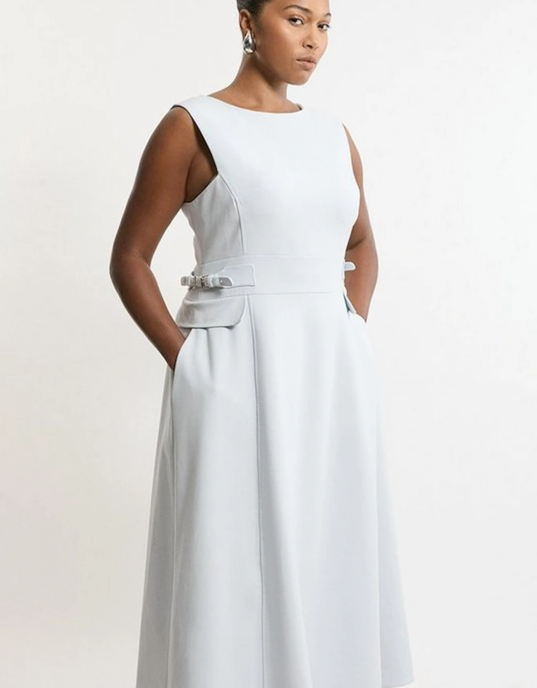 Plus Size Compact Stretch Tab Waist Detail Full Skirt Midi Dress
