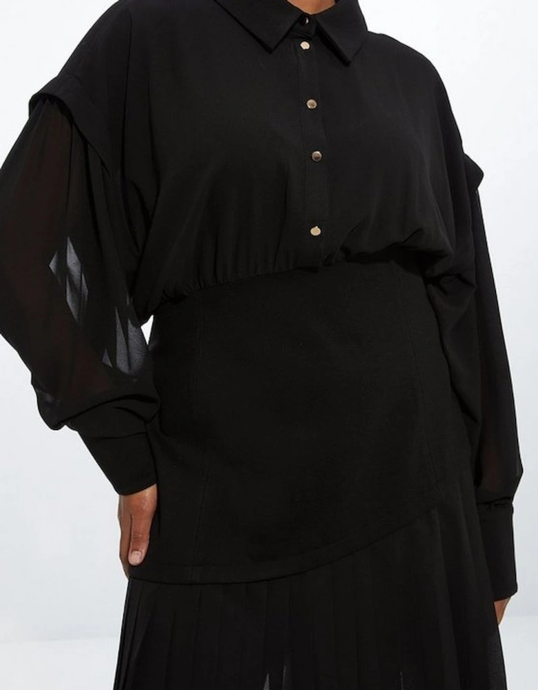 Plus Size Jersey And Georgette Mix Pleated Mini Shirt Dress