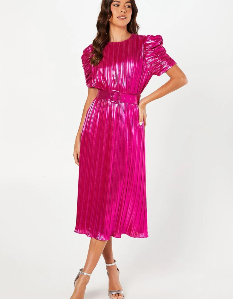 Party Metallic Pleated Midi Dress With Puff Sleeve