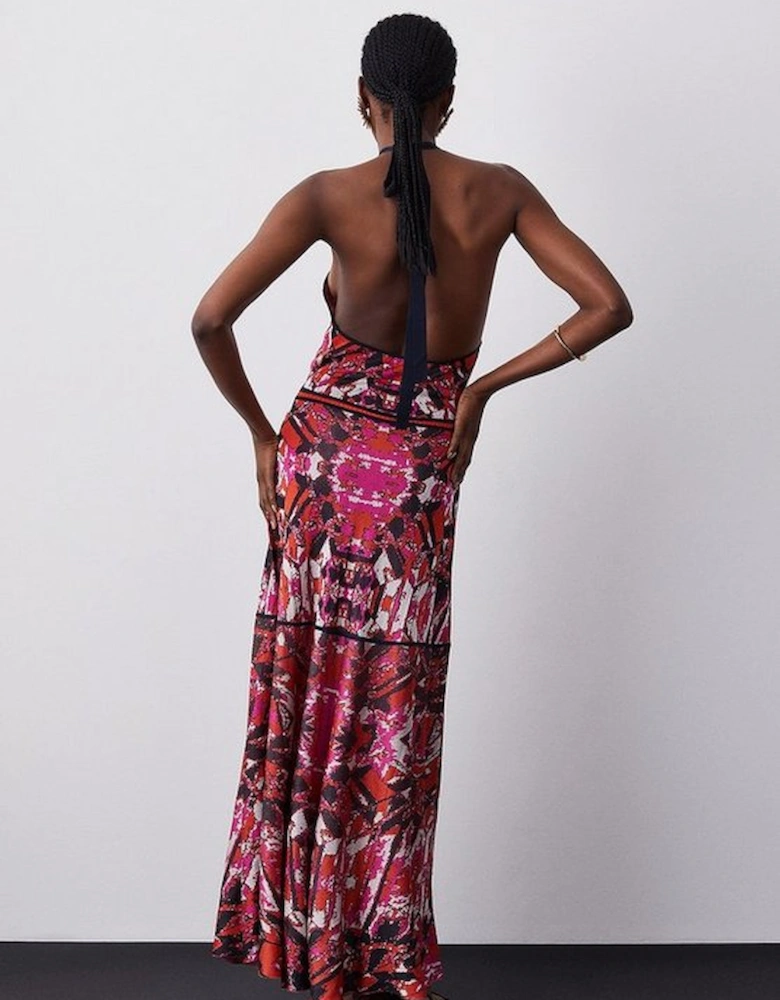 Slinky Knit Contrast Piping Halter Neck Maxi Dress