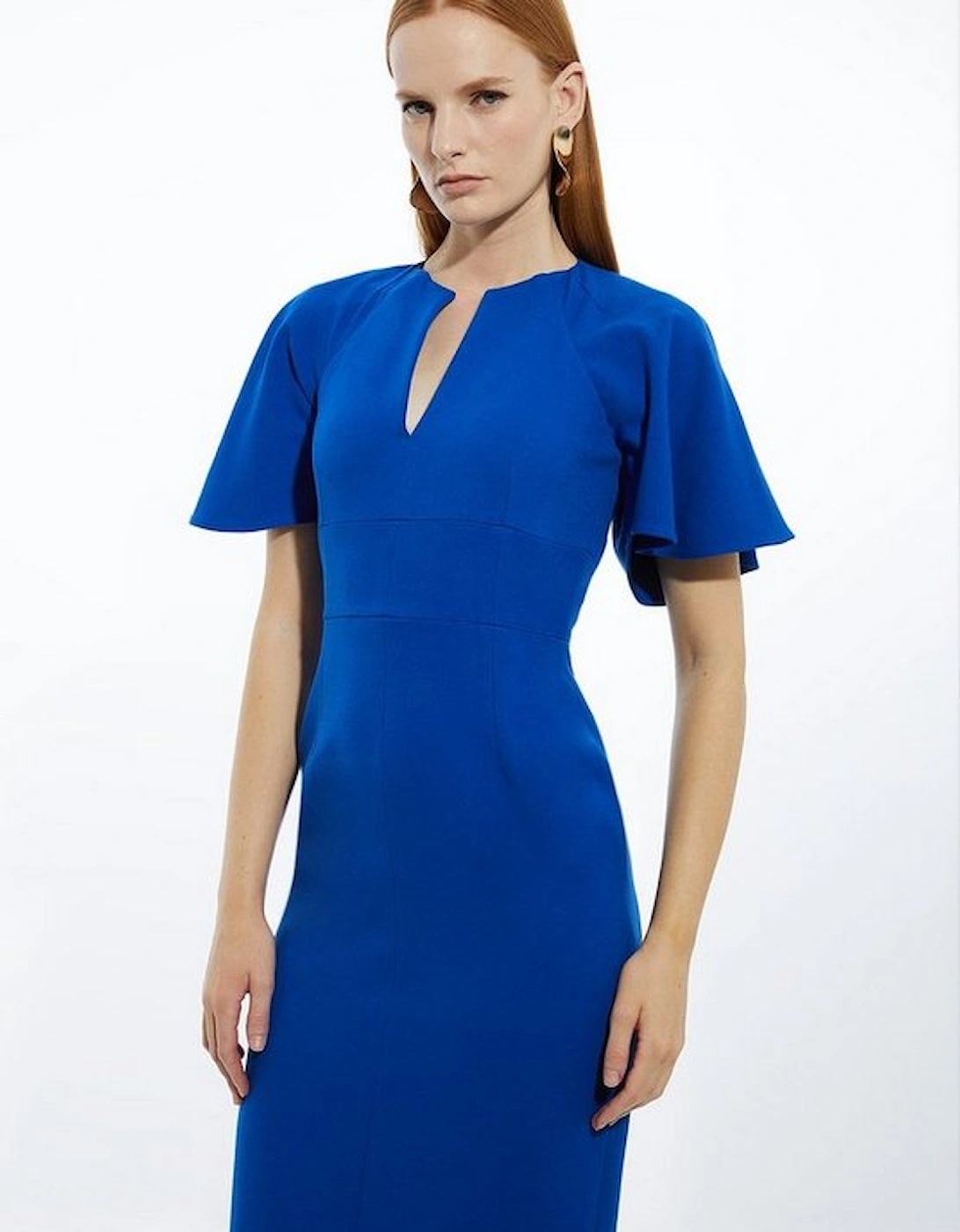 Structured Crepe Ruffle Sleeve Tailored Midi Pencil Dress