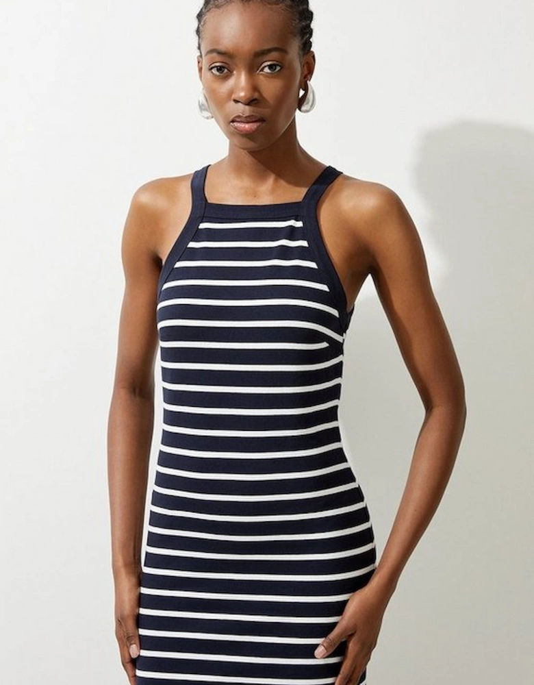 Stripe Stretch Cotton Jersey Halter Midi Dress