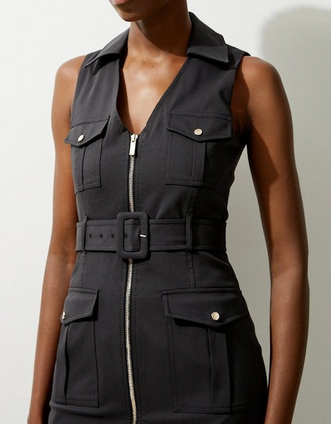 Tailored Cotton Belted Cargo Pocket Midi Shirt Dress