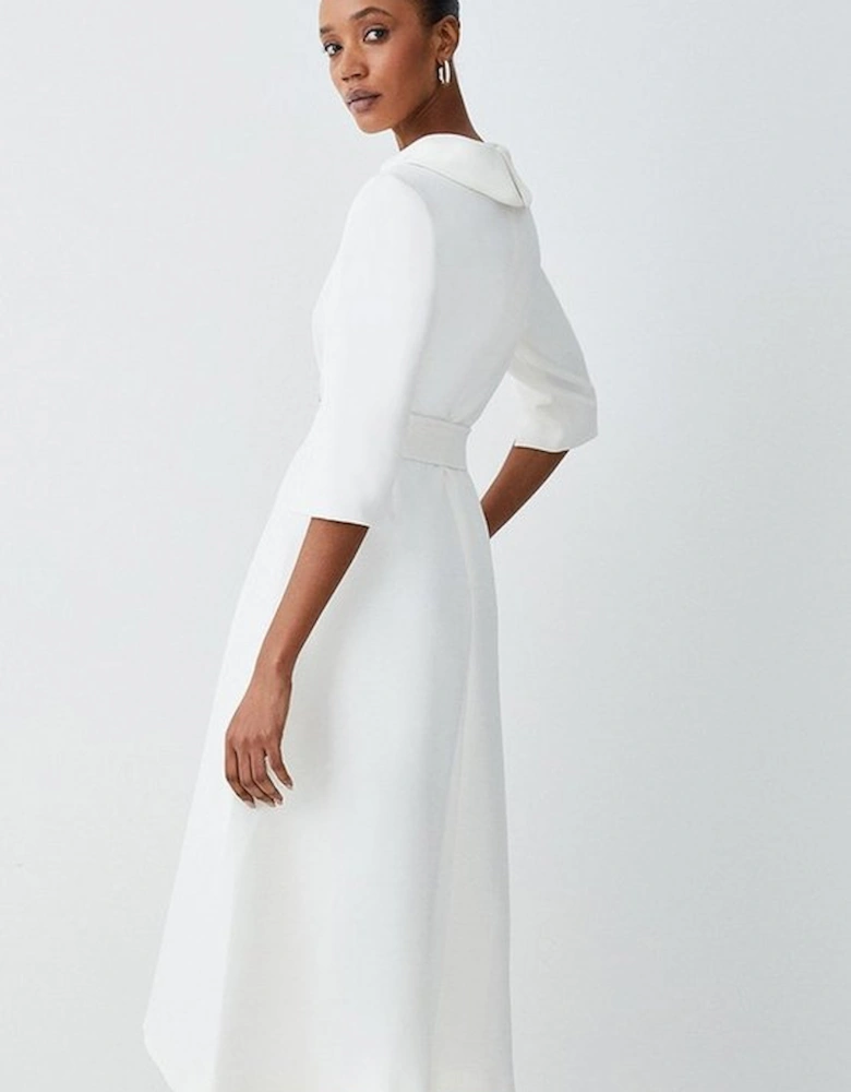 Structured Crepe Roll Neck Dip Hem Midi Dress