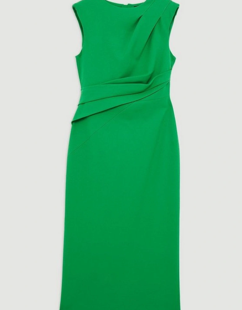 Structured Crepe Asymmetric Drape Waist Tailored Midi Dress