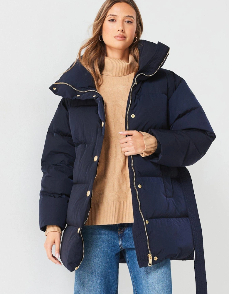 Gold Button Down Belted Coat - Navy