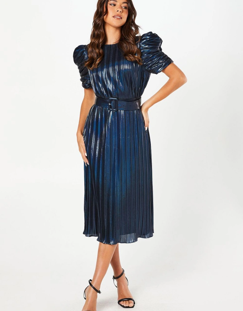 Party Metallic Pleated Midi Dress With Puff Sleeve