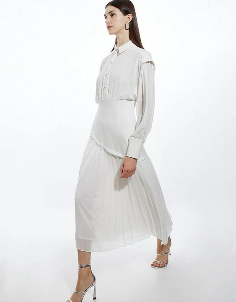 Petite Jersey And Georgette Mix Pleated Midi Shirt Dress