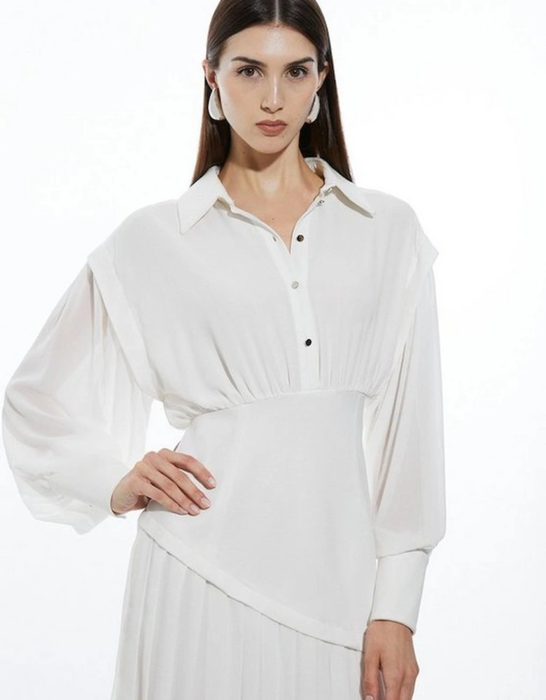 Petite Jersey And Georgette Mix Pleated Midi Shirt Dress