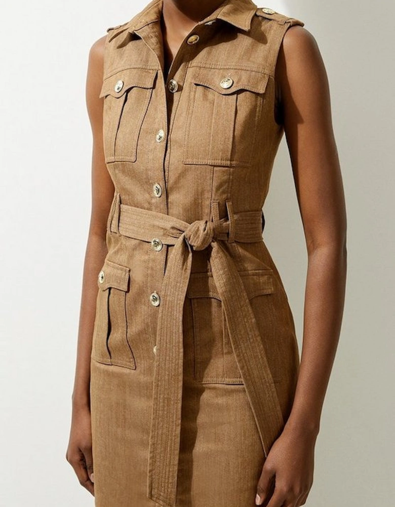 Tall Tailored Denim Cargo Pocket Belted Midi Shirt Dress