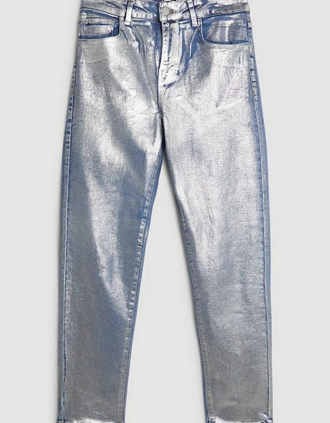 High Rise Slim Leg Silver Foiled Jeans