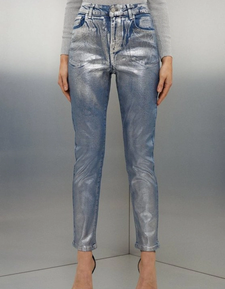 High Rise Slim Leg Silver Foiled Jeans