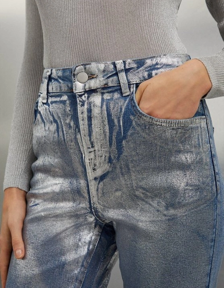 High Rise Slim Leg Silver Foiled Jeans