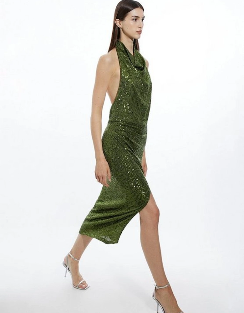 Petite Halterneck Sequin Jersey Side Split Maxi Dress